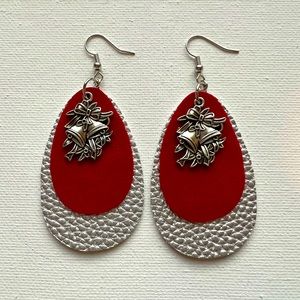 Christmas Bells 🔔 charm red velvet & silver faux leather earrings